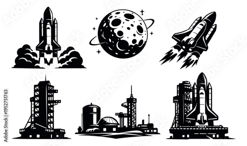 Graphic space elements set featuring rockets, a planet, and launch pads for aerospace exploration