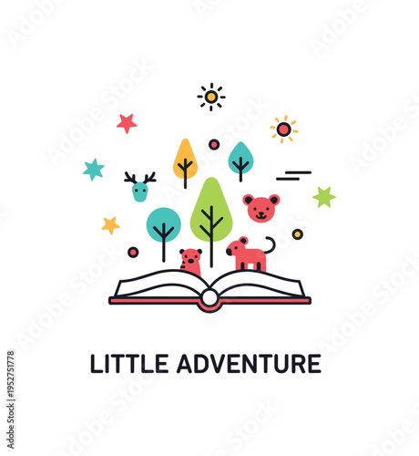 Childrens storybook forest adventure concept featuring a simple open book with small tree and animal silhouettes emerging above it, symbolizing exploration and