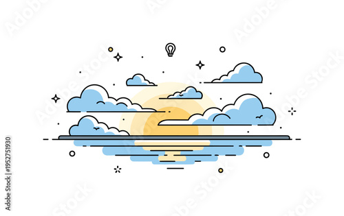 Early morning calm skies with the first light of dawn illuminating wispy clouds over a calm lake, evoking serenity and freshness. Minimalist flat vector