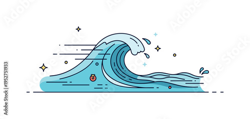 Ocean waves power dynamic curling wave with smooth motion lines and tiny splash accents, conveying movement, energy, and the rhythm of the sea. Minimalist flat