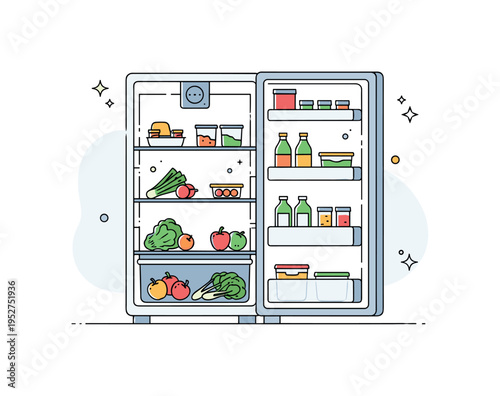 Fridge interior organization scene with a clean open refrigerator showing neatly arranged shelves of vegetables, bottles, and containers, expressing freshness