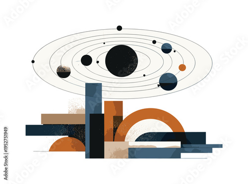 black and white planetary system made of simple circles connected with thin orbital lines, abstract rectangular blocks and semicircles layered like cosmic