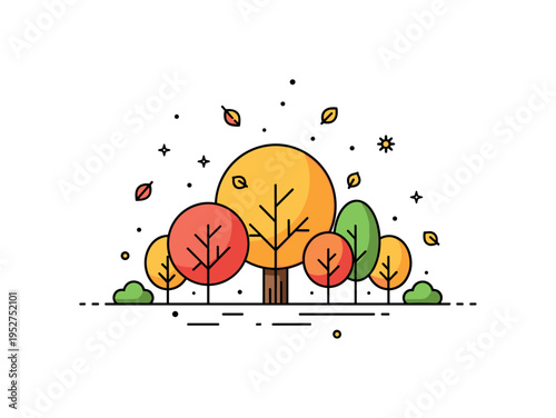 Autumn forest panorama centered on a rounded tree canopy in bright seasonal hues, accompanied by falling leaves and subtle dot accents suggesting crisp air.