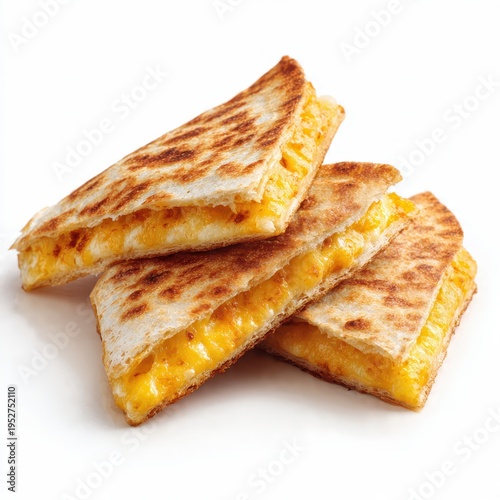 Three toasted cheese quesadilla wedges stacked on a white background, studio shot of crispy Mexican food with melted cheddar cheese filling