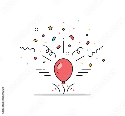 Confetti and balloon burst concept depicted by a single balloon popping with tiny confetti pieces and streamers flying outward, expressing dynamic celebration