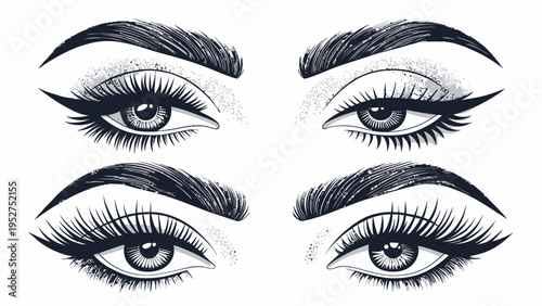 Four different eye makeup silhouettes with various eyeliner styles and lashes