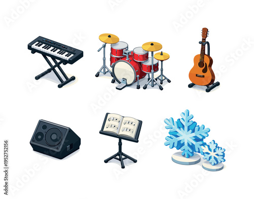 Festive Music Performance. Isometric flat vector icons set of Festive Music Performance: electric keyboard on stand, drum kit with cymbals, acoustic guitar on