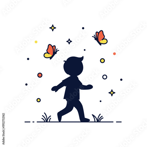 Carefree childhood memory concept built around a child silhouette mid-step with two butterflies circling above, conveying lighthearted exploration