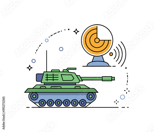 Military technology concept with a tank combined with a small radar icon symbolizing coordination and advanced defense systems. Subtle decorative dots and