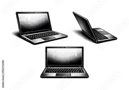 Laptop shown as a realistic portable computer with a thin chassis, hinged display, and integrated keyboard, presented as a single object. Black and white dot