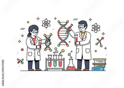 Medical research and discoveries with scientists in a laboratory examining test tubes and DNA models, emphasizing innovation, precision, and scientific