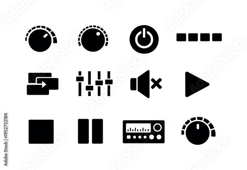 Radio Controls. Solid icon set of Radio Controls: tuning knob, volume knob, power button, preset buttons, band selector, equalizer slider, mute icon, play