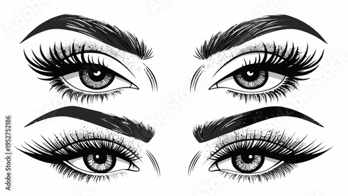 Vector illustration of four eye makeup designs with varying eyeliner and lash styles on white background