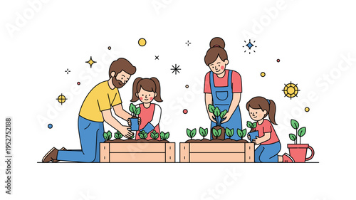 Children helping parents plant vegetables in raised garden beds, capturing learning, teamwork, and the beauty of routine outdoor activities. Minimalist flat