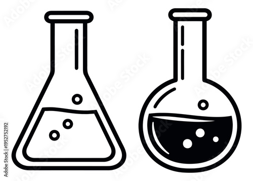 Clean line art laboratory glassware set featuring conical and round bottom flasks with liquid for science and chemistry experiments