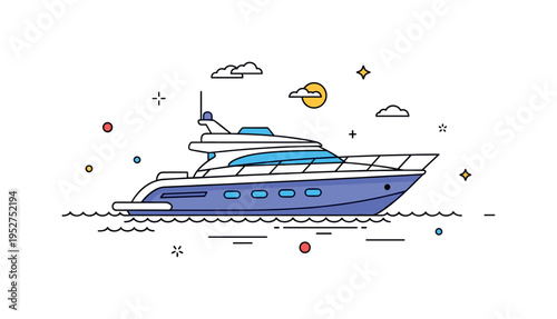 Yacht lifestyle sleek boat silhouette on calm water with minimal wave lines, expressing freedom, exclusivity and high end leisure. Minimalist flat vector
