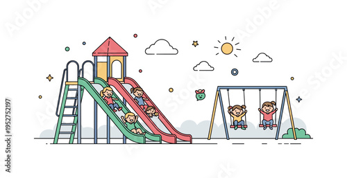 Playground fun with children sliding down colorful slides and swinging on swings under a bright sky, capturing laughter, energy, and joyful outdoor play.