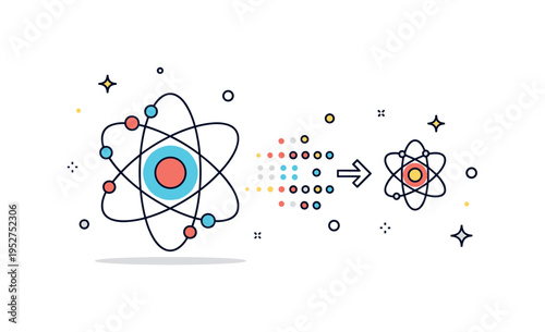 Matter to information transfer stylized atom icon transforming into a stream of data dots flowing toward a second atom. A refined editorial illustration about