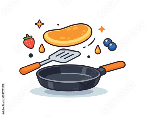 Flipping pancakes on a pan a golden pancake mid air above a skillet with a spatula underneath while tiny syrup drops and berry icons decorate the scene,