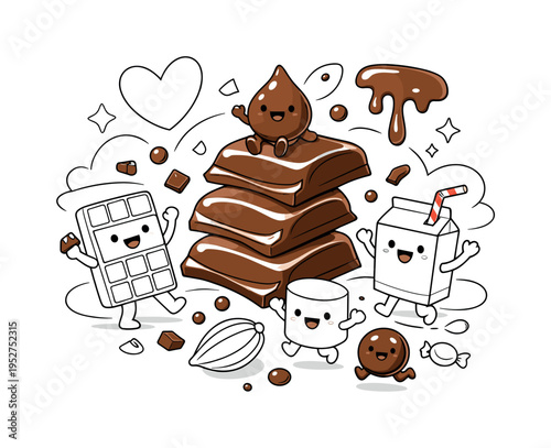 Chocolate. Smooth chocolate pieces stacked with gentle curves, small shards and drops floating around. Warm, indulgent mood suggesting richness and comfort.