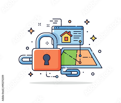 Blockchain backed property registry visualized through a secure lock merged with a virtual land plot and subtle chain links, expressing transparency and trust