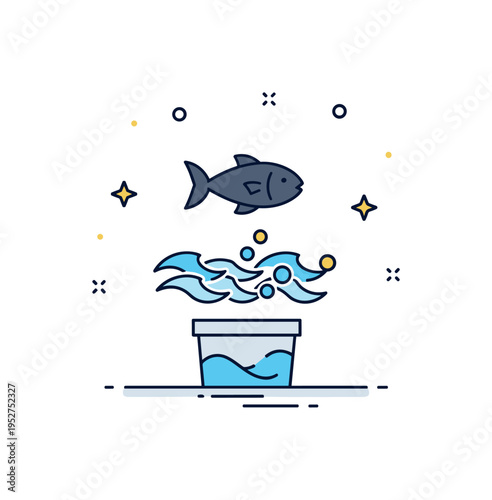 Marine species reintroduction program illustrated by a simple fish silhouette being released into stylized ocean waves from a small container, expressing