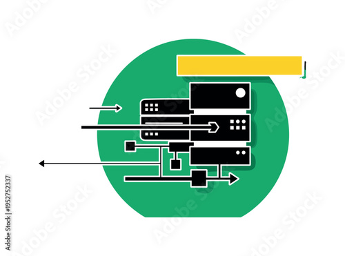 Black and white server stack simplified into bold shapes with connecting lines, vivid emerald green circle backdrop, bright yellow rectangular accent