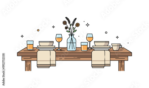 Rustic dining table setting featuring a solid wood table, linen napkins, ceramic plates and a simple glass vase with wildflowers, expressing cozy family