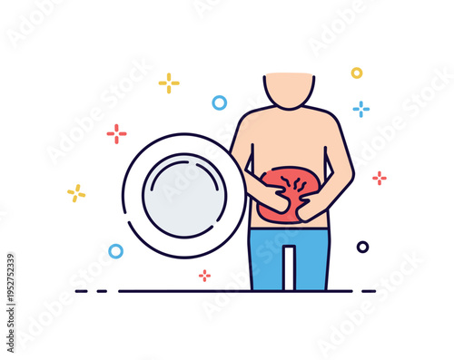 Food poisoning symptom representation centered on a simplified plate icon beside a figure holding their abdomen, symbolizing stomach distress after eating. A