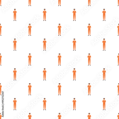 Inmate character standing with folded arms in repeated graphic pattern
