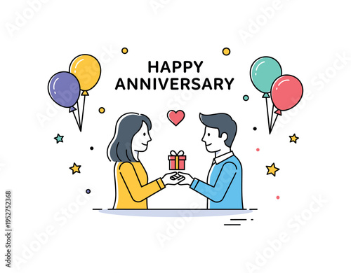 Anniversary celebration with a couple exchanging a small gift and holding hands surrounded by balloons and soft confetti, conveying love and shared joy.