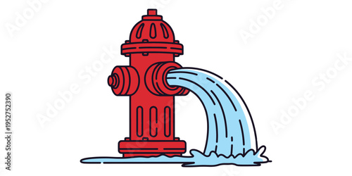 Cartoon illustration of a red fire hydrant with water flowing out isolated on white background