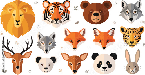 Collection of Wild Animal Faces Including Lion Tiger Bear Wolf Fox Deer Panda Leopard and Rabbit in Flat Cartoon Vector Illustration Style.