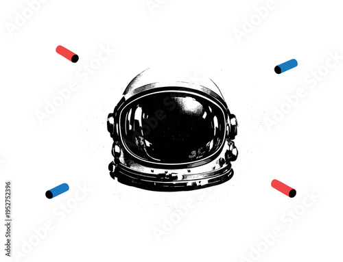 black and white astronaut helmet cut-out floating in space, surrounded by large geometric circle representing a planet, thin orbital lines and small abstract