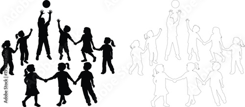 Children Playing Silhouettes Set Kids Jumping Holding Hands Playing Ball Vector Illustration Black and Outline Isolated on White Background