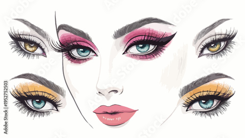 Vector set of colorful eye makeup and face illustration with various eye shadow styles and vibrant colors on white background