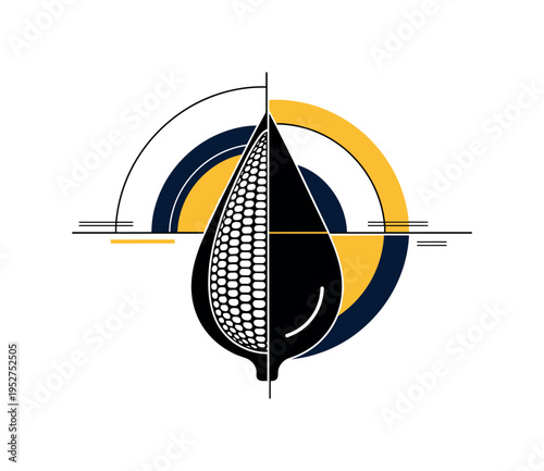 Black and white corn cob merging into a fuel droplet shape, intersected by bold geometric arcs and concentric circles representing sustainable cycles, minimal