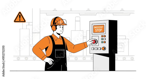 Factory worker in safety gear operating industrial machinery with emergency stop button