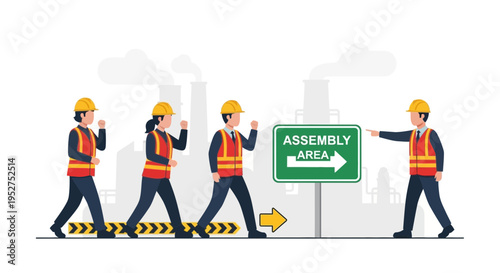 Factory workers in hard hats and safety vests heading to assembly area, industrial background