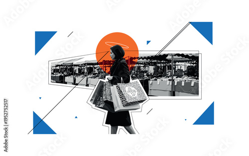 Black and white shopper carrying multiple patterned bags walking past stalls, bold orange circular halo behind the figure, blue geometric accents balancing