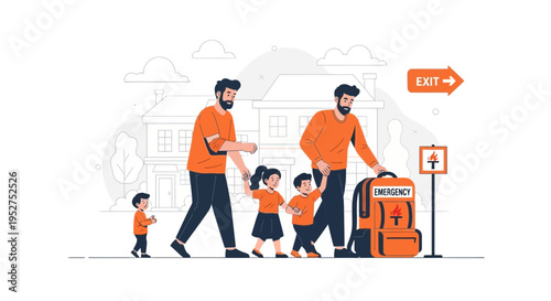 Family Evacuating Building with Emergency Kit and Exit Sign
