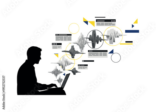 Black and white producer silhouette behind a laptop with floating waveform shapes emerging upward, structured rectangular interface blocks and circular halos