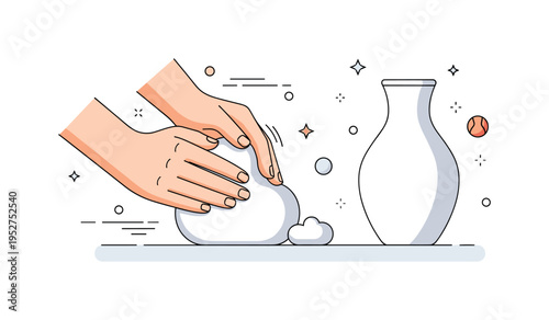 Ceramic art process concept featuring hands gently molding soft clay with subtle motion lines and a forming vase silhouette, symbolizing patience and handmade