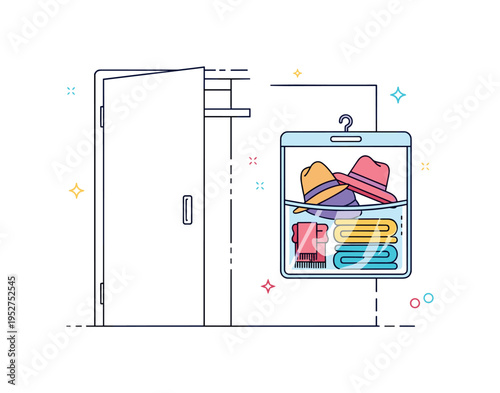 Closet organization with hanging door storage illustrated by a minimal wardrobe door outline and a transparent pocket organizer containing hats and folded