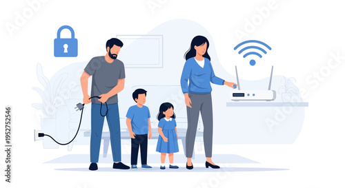 Family Securing Home Wi-Fi Network with Router and Padlock Icon
