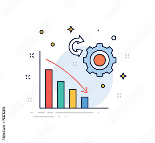Company cost cutting strategy concept centered on a bar chart decreasing alongside a gear icon symbolizing operational adjustments. The scene conveys financial
