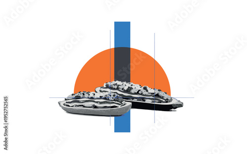 Black and white zucchini boats filled with textured vegetable mixture, large orange semicircle behind them symbolizing warmth from the oven, blue vertical