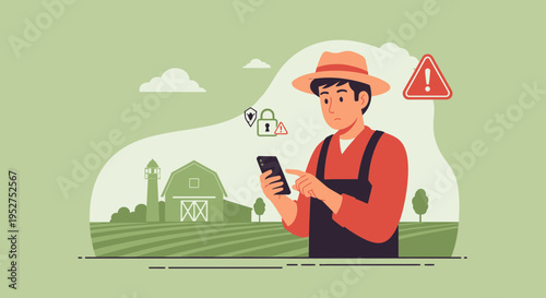 Farmer using smartphone for smart farming, technology in agriculture, data analysis, security