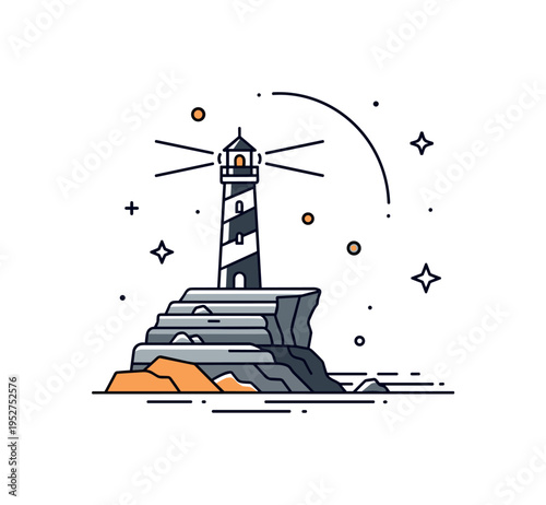 Cliff top lighthouse beacon built around a tall lighthouse silhouette standing on layered coastal rocks, with a subtle light beam arc suggesting guidance and