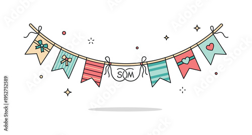 Handmade wedding bunting design illustrated by elegant fabric flags with delicate heart accents and intertwined initials at the center, symbolizing romance and